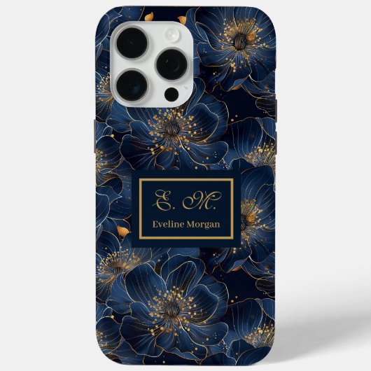 Navy Gold iPhone Case Lux Monogram Floral Accent (Achterkant)