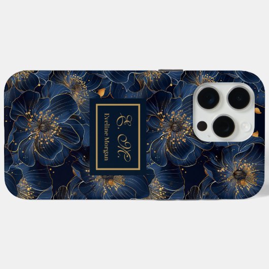 Navy Gold iPhone Case Lux Monogram Floral Accent (Achterkant (horizontaal))