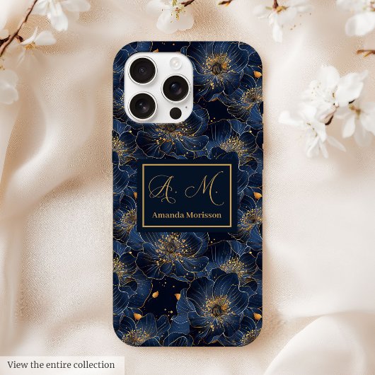 Navy Gold iPhone Hoesje Lux Monogram Bloemaccent