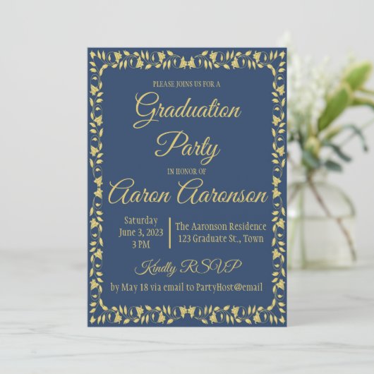 Navy & Gold Ivy Border Afstuderen Fotouitnodiging (Staand voorkant)