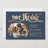 Navy Gold Kalligrafie Bruiloft 2 Splatter Foto Save The Date (Voorkant)
