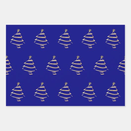 Navy Gold-kerstboom Snowflake Wavy Lines Inpakpapier Vel (Voorkant)