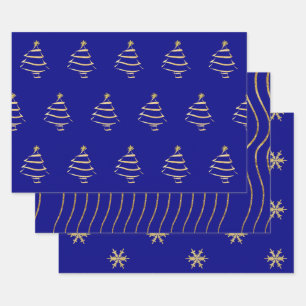Navy Gold-kerstboom Snowflake Wavy Lines Inpakpapier Vel