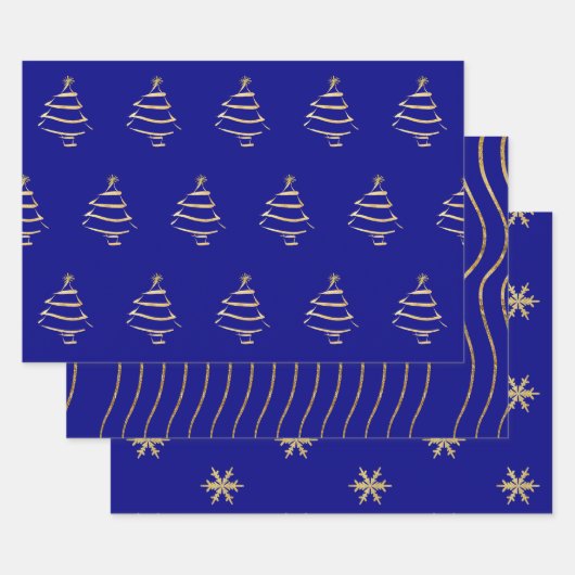 Navy Gold-kerstboom Snowflake Wavy Lines Inpakpapier Vel (Set)