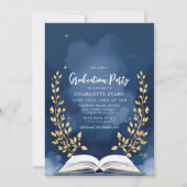 Navy Gold Laurel Boek Afstuderen Party Foto Kaart (Voorkant)