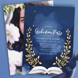 Navy Gold Laurel Boek Afstuderen Party Foto Kaart