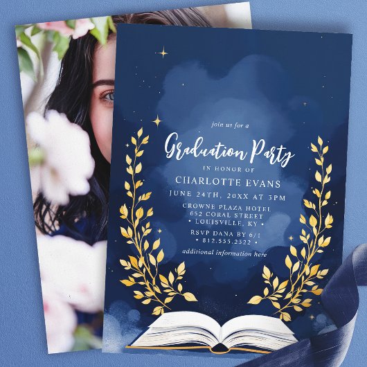 Navy Gold Laurel Boek Afstuderen Party Foto Kaart