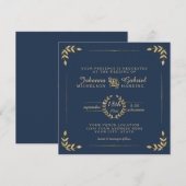 Navy Gold Laurel Leaf Typography Modern Wedding Kaart (Voorkant / Achterkant)
