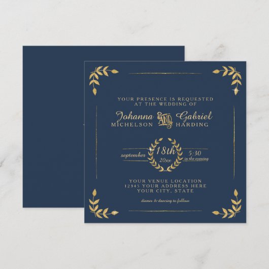 Navy Gold Laurel Leaf Typography Modern Wedding Kaart (Voorkant / Achterkant)