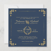 Navy Gold Laurel Leaf Typography Modern Wedding Kaart (Voorkant)