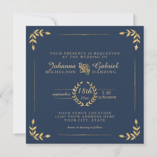Navy Gold Laurel Leaf Typography Modern Wedding Kaart (Voorkant)
