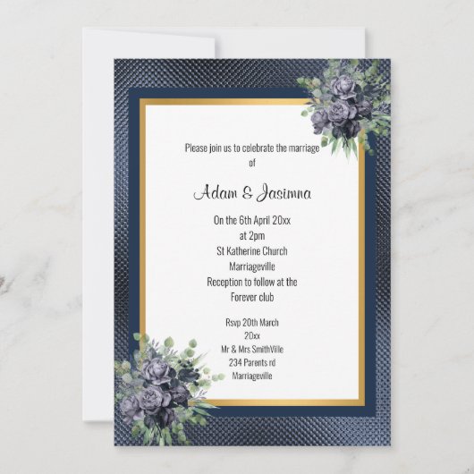 NAVY GOLD LAYERED EMBOSSED FLORAL WEDING KAART (Voorkant)