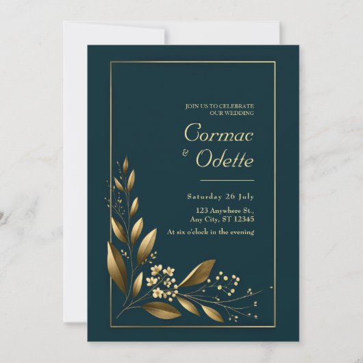 Navy Gold Leaf Botanical Wedding Kaart (Voorkant)