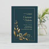 Navy Gold Leaf Botanical Wedding Kaart (Staand voorkant)