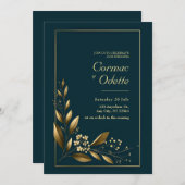 Navy Gold Leaf Botanical Wedding Kaart (Voorkant / Achterkant)