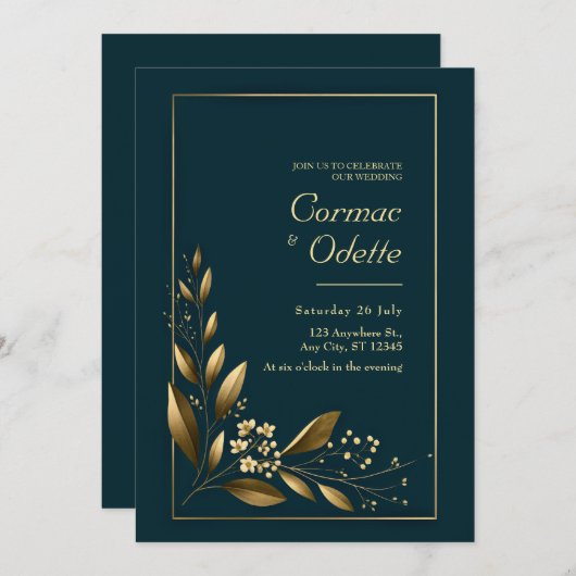 Navy Gold Leaf Botanical Wedding Kaart (Voorkant / Achterkant)