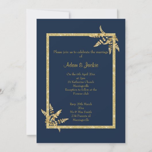NAVY GOLD LEAF ELEGANT WEDING KAART (Voorkant)