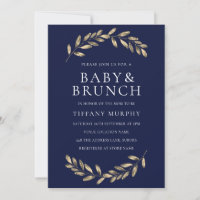 Navy & gold Leaf Wreath Baby shower Brunch Invite