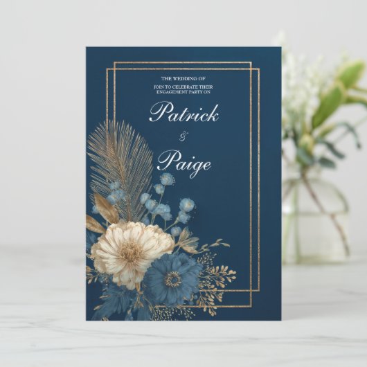 Navy Gold Lijst Bloemen Huwelijksuitnodiging Kaart (Staand voorkant)