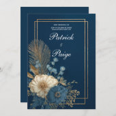 Navy Gold Lijst Bloemen Huwelijksuitnodiging Kaart (Voorkant / Achterkant)