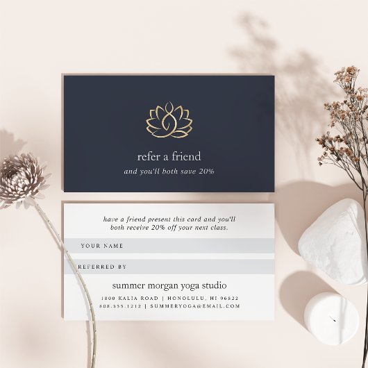 Navy & Gold Lotus Logo | Yoga Wellness Spa Aanbevelingskaartje