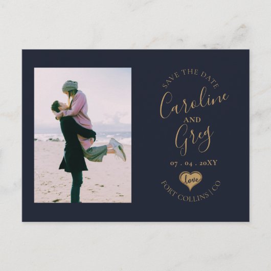 Navy Gold Love Typografie Foto Save the Date Aankondigingskaart (Voorkant)