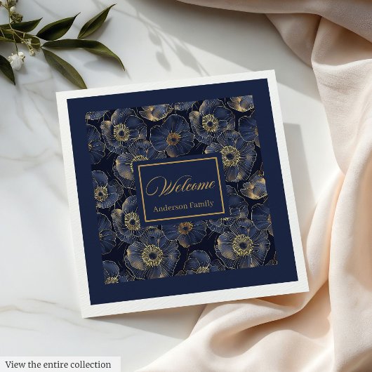 Navy Gold Lux Napkins Custom Name Floral Accent Servet