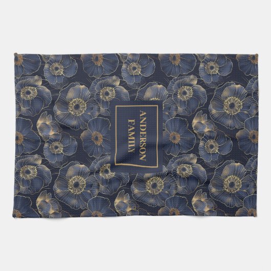 Navy Gold Lux Towel Custom Name Floral Accent Theedoek (Horizontaal)