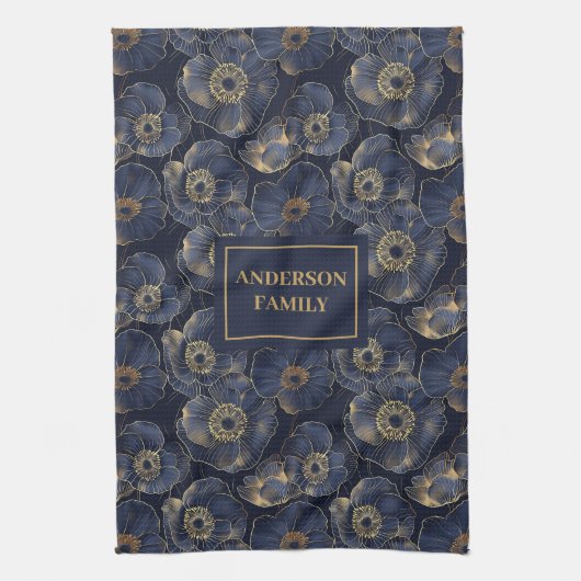 Navy Gold Lux Towel Custom Name Floral Accent Theedoek (Verticaal)