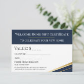 Navy Gold Makelaar Welkomst Thuis Geschenkcertific (Staand voorkant)