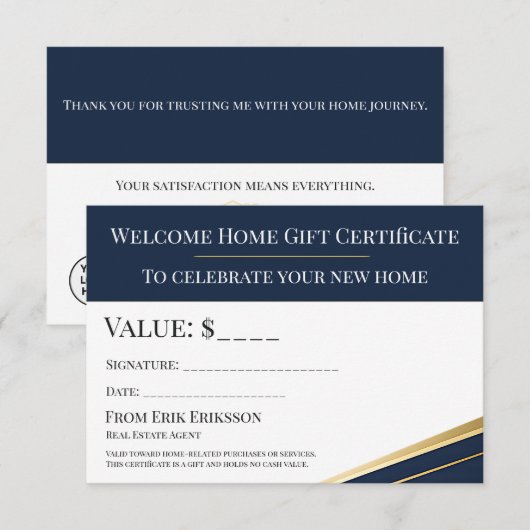 Navy Gold Makelaar Welkomst Thuis Geschenkcertific (Voorkant / Achterkant)