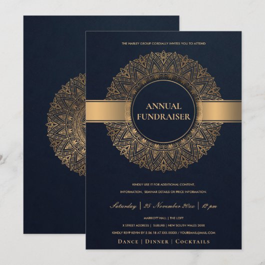 NAVY GOLD  MANDALA CORPORATE PARTY EVENT KAART (Voorkant / Achterkant)
