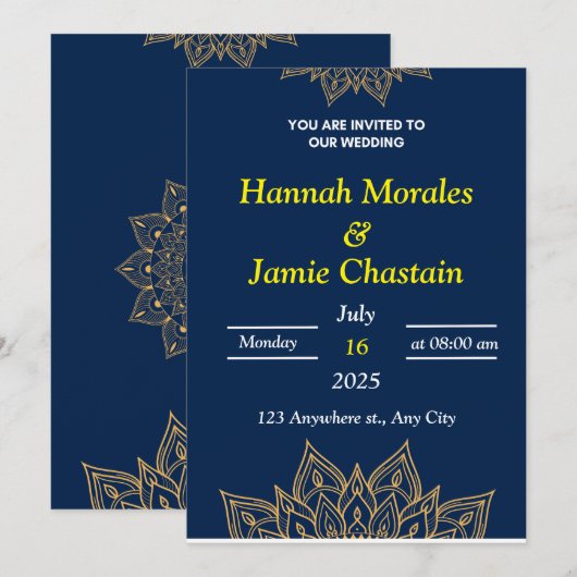 Navy & Gold Mandala - Elegante huwelijksuitnodigin Kaart (Voorkant / Achterkant)