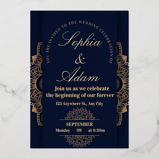 Navy & Gold Mandala Invitation Folie Uitnodiging (Voorkant)