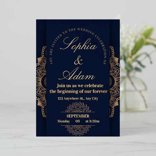 Navy & Gold Mandala Invitation Folie Uitnodiging (Staand Voorkant)