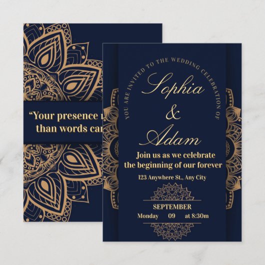 Navy & Gold Mandala Invitation Informatiekaartje (Voorkant / Achterkant)