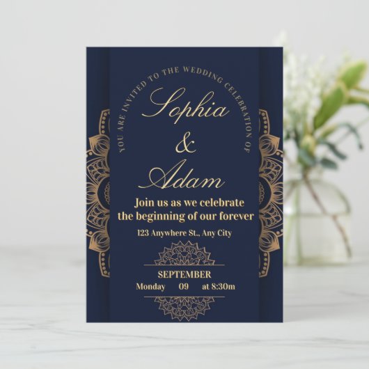 Navy & Gold Mandala Invitation Kaart (Staand voorkant)
