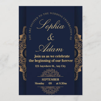 Navy & Gold Mandala Invitation Kaart