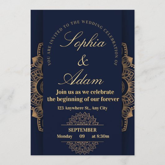 Navy & Gold Mandala Invitation Kaart (Voorkant)