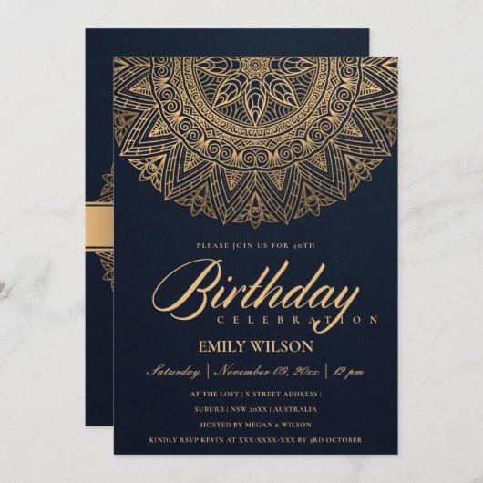 NAVY GOLD MANDALA JAAR 40E BIRTHDAY KAART (Voorkant / Achterkant)