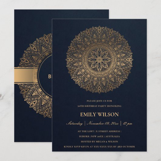 NAVY GOLD MANDALA JAAR 50E BIRTHDAY KAART (Voorkant / Achterkant)