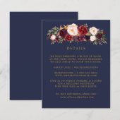 Navy Gold Marsala Bloemenbruiloft Details Kaarten (Voorkant / Achterkant)