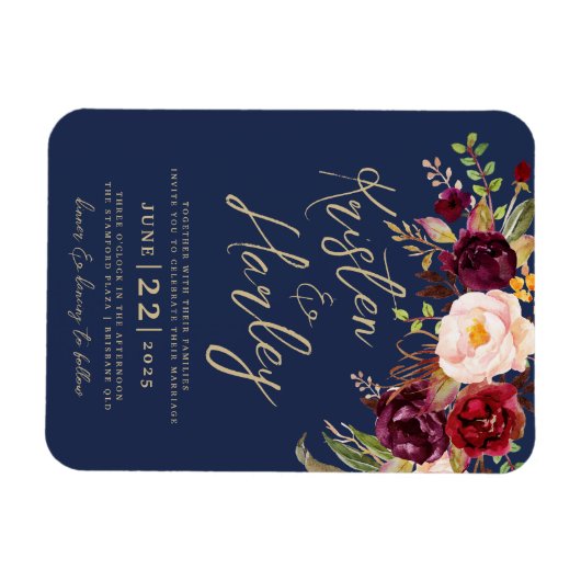 Navy Gold Marsala Wedding Invitation Magnet Magneet (Horizontaal)