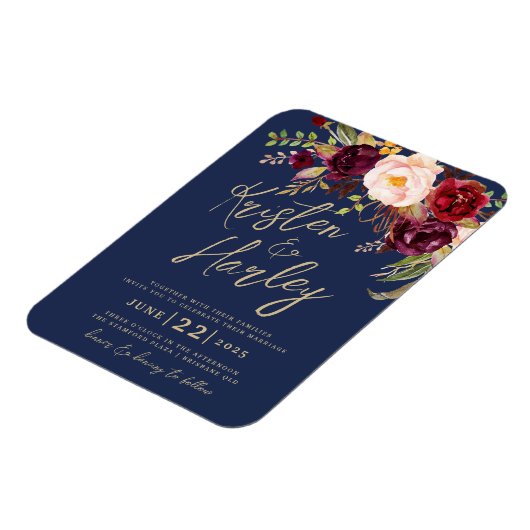 Navy Gold Marsala Wedding Invitation Magnet Magneet (Linkerzijde)