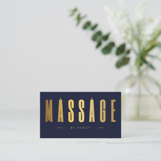Navy & Gold Massage Therapeut QR Code en Logo Visitekaartje (Staand voorkant)