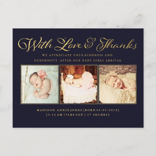 Navy Gold met Baby van liefde en Bedankt Briefkaar Aankondigingskaart (Voorkant)