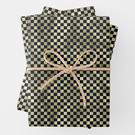 Navy gold metallic checker pattern Christmas Inpakpapier Vel (In situ)