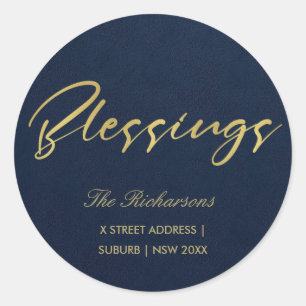 NAVY GOLD MINIMAL CALLIGRAPHY BLESSESS ADRES RONDE STICKER