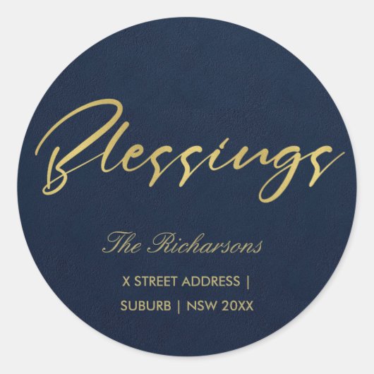 NAVY GOLD MINIMALE KALLIGRAFIE ZEGENINGEN ADRES RONDE STICKER (Voorkant)