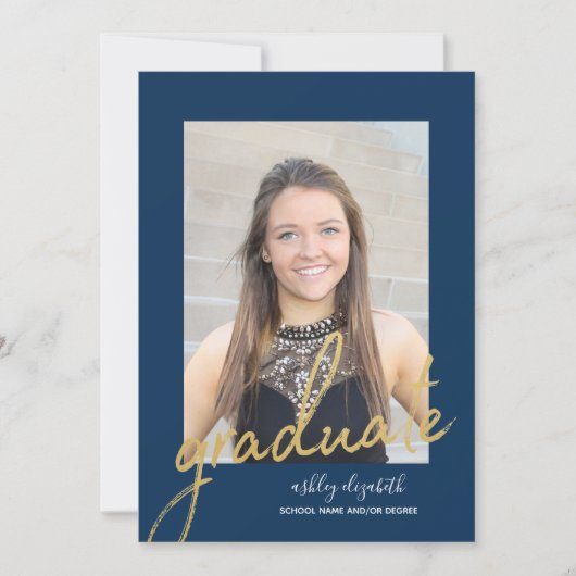 Navy Gold Modern Afstuderen Fotoaankondiging Kaart (Voorkant)